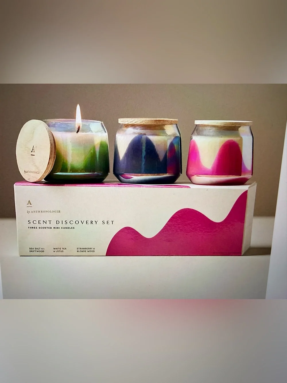 Anthropologie Mini Candle Set - Green, Blue, Pink